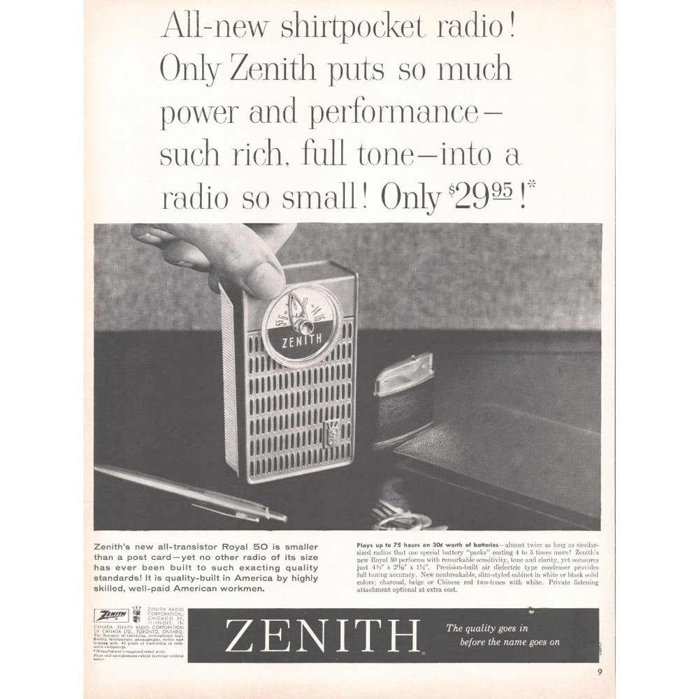 1960 Zenith Transistor Pocket Radio Royal 50 Vintage Print Ad MCM Wall Art 60s